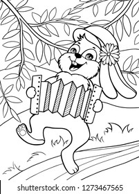 Childish illustration of a rabbit with an accordion. Page for children coloring.