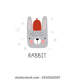 Ilustración infantil de una cabeza de conejo con un sombrero rojo y un texto. Cara animal divertida sonriente. Perfecto para pegatinas y ropa para niños o diseño de papelería. Ilustración vectorial.