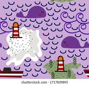 Childish illustration with sea, whales, lighthouses and boats, vector seamless pattern