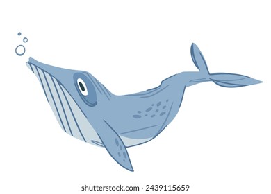 Childish illustration of a stylized whale in blue with bubbles