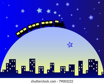 Childish illustration of train on the moon