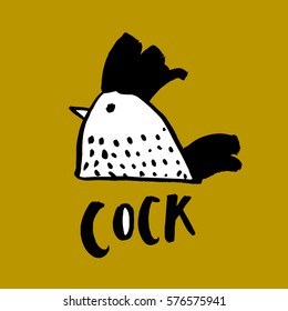 childish ink hand drawn cock character, simple trendy cock cute print, rooster ink illustration, cock icon desing with ink lettering 1