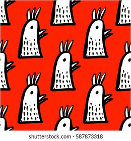 childish ink hand drawn cock, trendy cock print on a red background, rooster ink illustration, cock seamless pattern design, pattern design for fabrics, decoration, wrapping paper, scrapbook paper