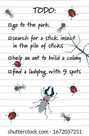 Childish insects hand drawn vector illustration for poster on white background. ToDo list for kids. Ladybug, moth, butterfly, stick insect, ant, stag beetle wall art. Wall decor.