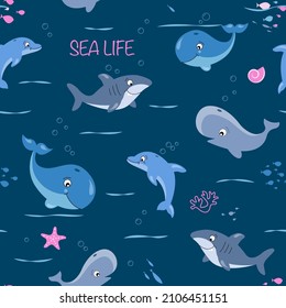 Childish isolated seamless pattern. Underwater ocean illustration. Scandinavian style. Texture for fabric, wrapping, textile, wallpaper, apparel.Kids textile pattern with cute fish.