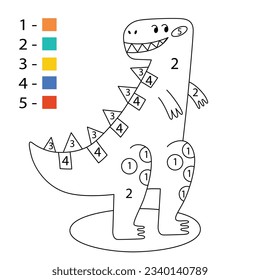 Childish joyful dinosaur coloring page, smiling tyrannosaurus vector illustration, doodle clipart for coloring book, kids education, coloration by numbers, isolated outline clipart on white background