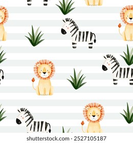 Fundo de selva infantil com leão bonito e zebra. Animais aquarelas de padrão contínuo. Papel de parede do Safari.