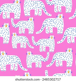 Childish jungle pattern with cute modern style cheetah characters. Vector seamless texture for kids apparel,wallpaper, fabric.