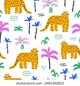 Childish jungle pattern with cute modern style cheetah characters and palm trees. Vector seamless texture for kids apparel,wallpaper, fabric.
