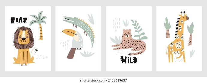 Childish jungle poster with cute lion, crocodile, giraffe, leopard, toucan. Perfect for fabric, textile, nursery posters. Vector 