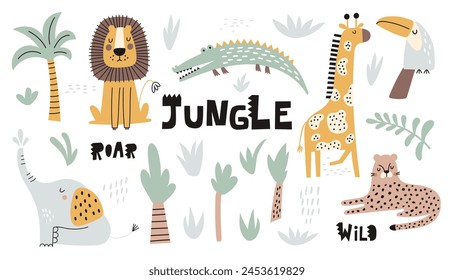 Childish jungle set with cute lion, crocodile, giraffe, elephant, leopard, toucan. Perfect for fabric, textile, nursery posters. Vector illustrations