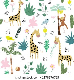 childish jungle texture with giraffe, monkey, bird and tropical elements. seamless pattern vector illustration.