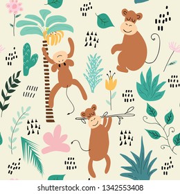 childish jungle texture with monkeys and jungle elements. seamless pattern vector illustration.