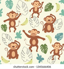 childish jungle texture with monkeys and jungle elements. seamless pattern vector illustration.