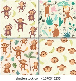 childish jungle texture with monkeys and jungle elements. seamless pattern set vector illustration