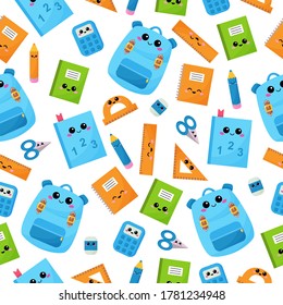 Childish kawaii math seamless pattern. Back to school illustration. Funny education supplies for mathematical - ruler, pencil, calculator, pencil, backpack, scissors and notebook.