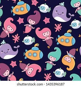 childish kawaii nautical seamless pattern with cute mermaids and whales