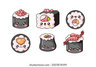 Childish Kawaii sushi rolls with tasty filling flat color vector illustration set. Japanese delicacy. Asian food treats characters on white collection