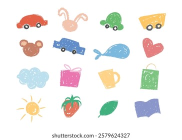 Childish kid doodle element has blank spaces to add alphabet letter and number. Crayon wax texture illustration set. Heart, rabbit, car, cup, book, strawberry, cloud, whale, sun, leaf, bear, box