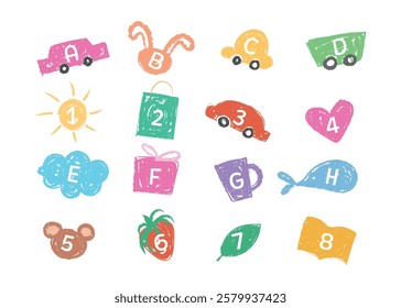 Childish kid doodle element has blank spaces to add alphabet letter and number. Crayon wax texture illustration set. Heart, rabbit, car, cup, book, strawberry, cloud, whale, sun, leaf, bear, box	
