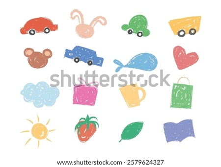 Childish kid doodle element has blank spaces to add alphabet letter and number. Crayon wax texture illustration set. Heart, rabbit, car, cup, book, strawberry, cloud, whale, sun, leaf, bear, box