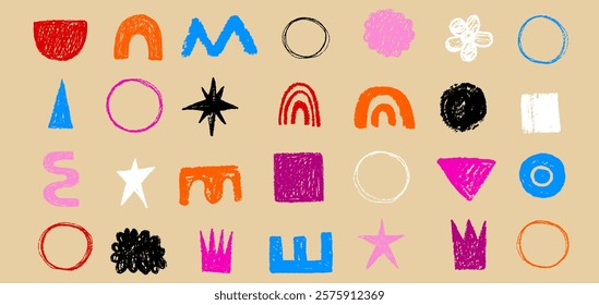 Childish kid messy chalk crayon texture grunge elements hand drawn vibrant rainbow, circle, triangle, star. Simple educational forms cut out illustration