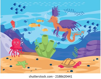 childish kids marine creatures concept, Seahorse hiding using camouflage vector icon design, wildlife seabed scenery symbol, Tropical Sea Under Water Surface stock illustration, 