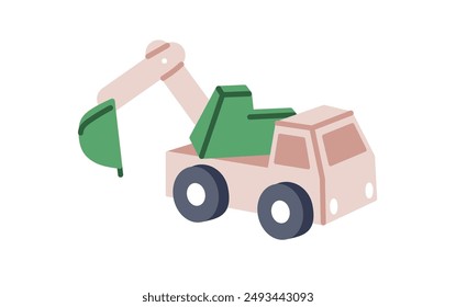 Childish kindergarten toy, cute excavator, truck for play and fun, kids toy transport symbol, construction site, crawler, road work isolated on white background flat vector illustration.