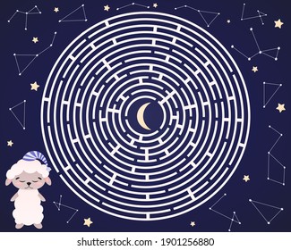 Childish labyrinth game, help little tired sheep find way to moon, sleeping concept and circle maze for childrens books, stars,constellations on dark background, difficult riddle