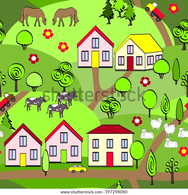 Childish landscape with\
houses, trees, cars, cows, sheep, and horses. Farming seamless \
pattern.