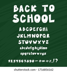 Childish latin alphabet. Vector cartoon letters set. Lowercase and uppercase letters, numbers and sight. Funky letters. Vector