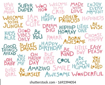 Juego de letras infantil. Muchas frases diferentes para postales. Cartas dibujadas a mano en estilo escandinavo en vector. Paleta Pastel. Ducha para bebés.