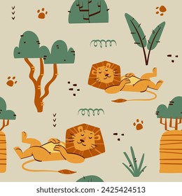 	
childish lion seamless pattern for fashion clothes, fabric, t shirts. hand drawn vector