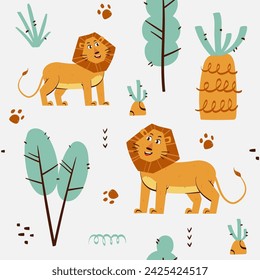 	
childish lion seamless pattern for fashion clothes, fabric, t shirts. hand drawn vector