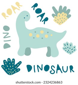 Childish little dinosaur elements collection. Perfect for tee, stickers, posters. Isolated vector illustration for decor and design.