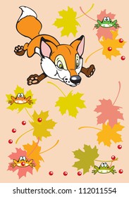 childish little fox playing with maple leaves and frogs,vertical children illustration on pink background
