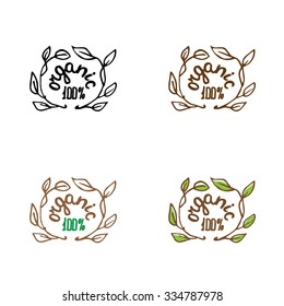 Childish logo for 100%  organic products. Color variations: black, green, brown.