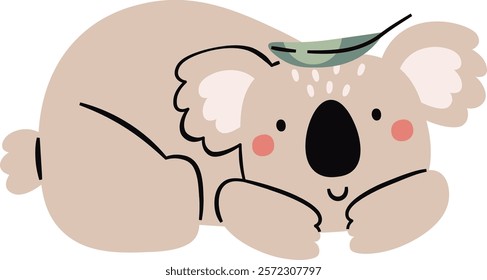 Childish Lying Koala With Leaf Vector Illustration