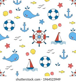 Childish marine seamless pattern with marine animals and sailing boats