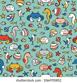 Childish marine seamless pattern with an underwater world. Vector bright background. 