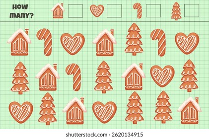 Jogo de matemática infantil com casa de biscoito de gengibre de Natal e árvore