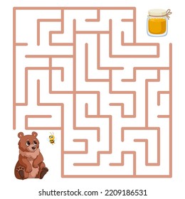 Childish maze game with cute cartoon bear bee and honey jar. Help wild animal find sweet. Little baby labyrinth play, vector location