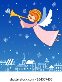 Childish Merry Christmas card  with cartoon Fairy in the sky.  Christmas angel.