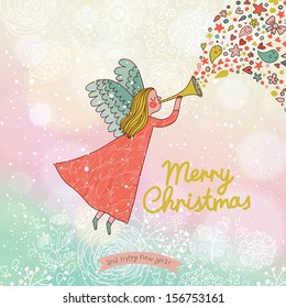 Childish Merry Christmas card in vector. Cute cartoon Fairy in the sky with bokeh effect. Stylish holiday background 