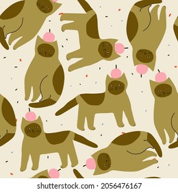 Childish minimalistic pattern with  cats  with  pink apples on theirs heads . Cute and funny modern Scandinavian print.