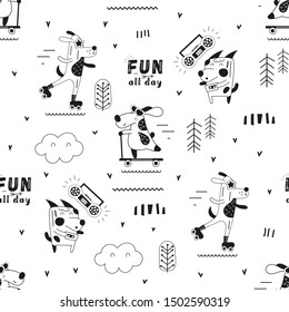 Childish monochrome seamless pattern with cool dogs and music theme in Scandinavian style. Vector Illustration. Kids illustration for nursery art. Great for baby clothes, greeting card, wrapping paper