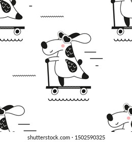 Childish monochrome seamless pattern with cool dog on scooter in Scandinavian style. Vector Illustration. Kids illustration for nursery art. Great for baby clothes, greeting card, wrapping paper.