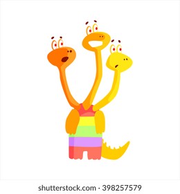  Childish Monster With Three Headsr Flat Cartoon Style Isolated Vector Design Print On White Background