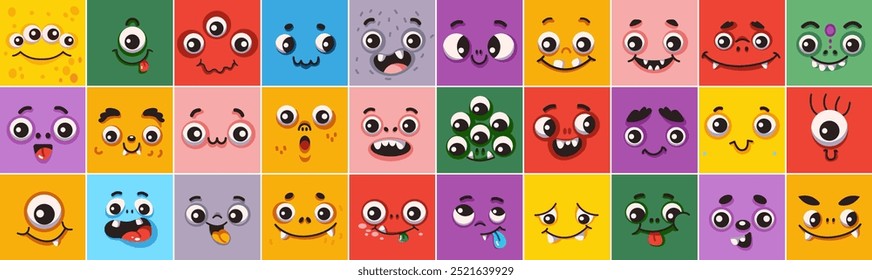 Childish monsters faces in multicolor squares flat color vector icons set. Fantastic beasts looks illustration pack. Funny avatars collection