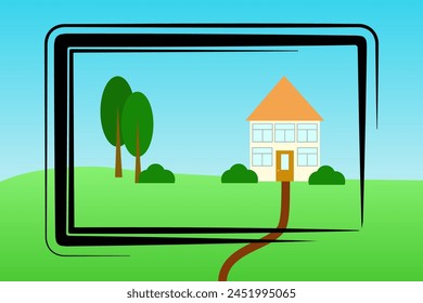 A childish naive drawing. Sketch, doodle house, trees, framed stylized as a camera's video detector.